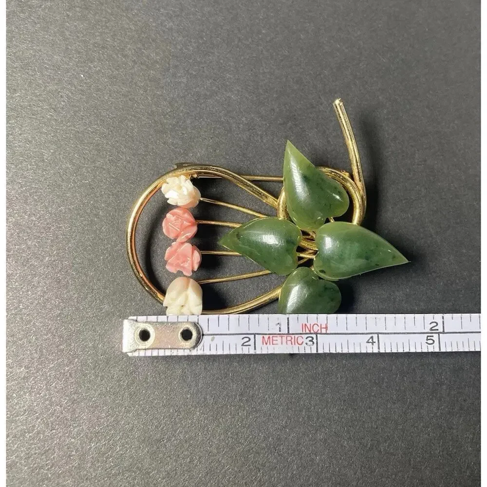 Vintage Faux Jade & Coral White Carved Rose Buds Gold Tone Pin Brooch